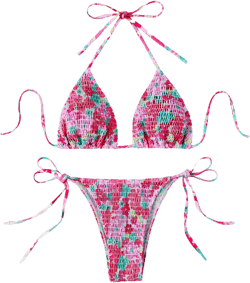 COZYEASE Women's 2 Piece Floral Bikini Sets Smocked Drawstring Side Triangle Halter Sexy Cute Swimsuits Large Bright Pink