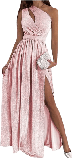 Sparkly One Shoulder Prom Dress Keyhole Satin Bridesmaid Formal Dress with Slit 20 Plus Blush Pink