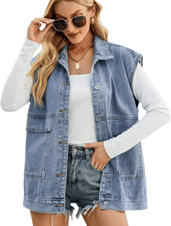 Huaqiao Womens Denim Vest Mid long Jacket Jean Sleeveless Vest with Pockets Small Blue