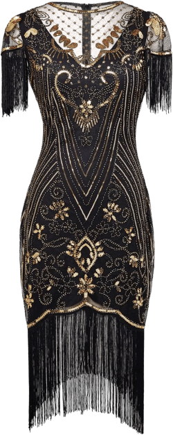 FAIRY COUPLE Women's 1920s Lace Neck Great Gatsby Dress Sequin Art Deco Flapper Dress with Sleeve D20S028 X-Large Black Gold-2