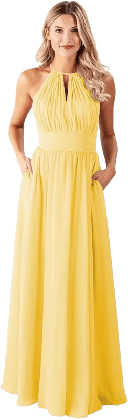Chiffon Halter Bridesmaid Dresses for Women Girls A Line Pleated Long Prom Dress with Pockets 24 Plus Yellow