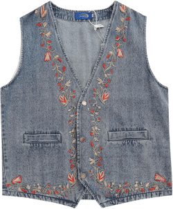 Y2k Japanese Vintage Floral Print Denim Jean Vest Oversized Button Down Waistcoat Aesthetic Crop Tops for Women Medium Blue