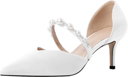 Joseywade Low Heels for Women Kitten Heels Pumps Pearl Strappy Closed Pointed Toe Slip-on 2.5 Inch Wedding Bridal Brides D'Orsay Dress Shoes 9 Satin White