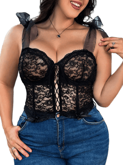 SHEIN Plus Size Women's Lace Shoulder Tie-Front Bralette & Wireless Bra