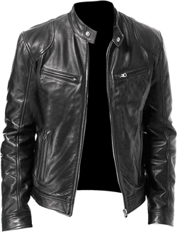 WENKOMG1 Zip Up Faux Leather Jacket for Men, Slim Fit Motorcycle Jacket with Pocket Crewneck Solid Color Coat 4X-Large A-black