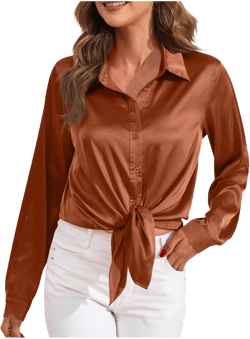 Casaul Button Down Shirts for Women, Womens Satin Silk Lapel Collar T-Shirts Comfy Soft Solid Color Blouses Brown#06 Small
