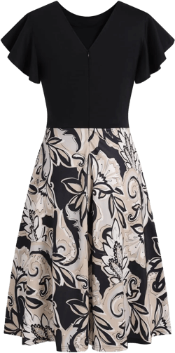 MSLG Women's Fit and Flare Ruffle Short Sleeves Dresses Work V-Back Cocktail Semi Formal A Line Dress with Pockets 842