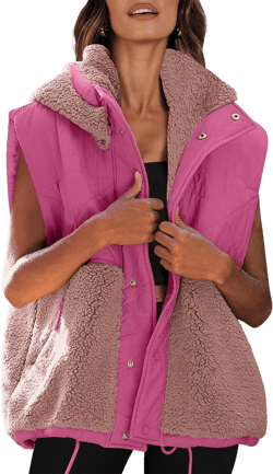 Nirovien Womens Oversized Quilted Vest Color Block Fleece Vest Button Down Padded Outwear Removeable Hooded with Pockets X-Large Hot Pink Dark Pink