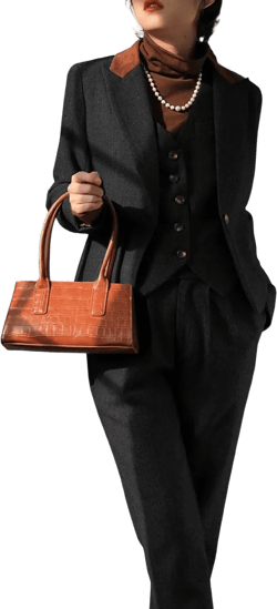 Women's Herringbone Tweed 3 Pieces Suit One Button Office Lady Blazer Vest Pants Medium Black