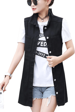 Flygo Womens Casual Button Up Sleeveless Denim Jean Mid Long Vest Gilet Jacket Black X-Small