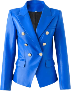 Women Street Motorcycle Pu Leather Biker Jackets Notched Gold Buttons Slim Blazers 3X-Large Blue