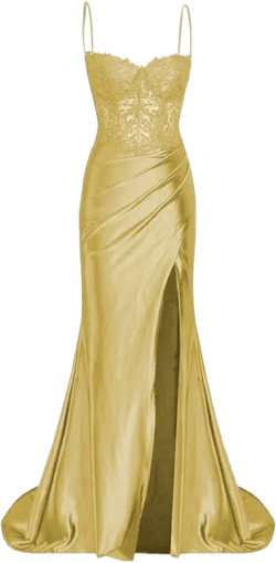 Spaghetti Straps Lace Prom Dress Silk Satin Bridesmaid Dresses Mermaid Ruched Formal Party Dress with Slit Size 18, Gold