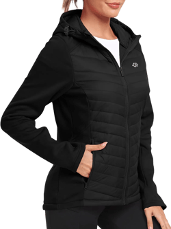 MoFiz Womens Fleece Lined Softshell Jacket Hooded Lightweight Insulated Puffer Hybrid Down Jacket Full Zip Running Coat XX-Large Black