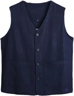 SaoBiiu Summer Men's Casual Vest Cotton Linen Waistcoat Jacket Business Formal For Men X-Large Navy Blue