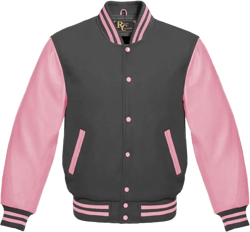 Varsity Jacket Baseball Letterman Jacket Wool and Baby Pink Leather Premium Quality Basketball Jacket Large Dark Grey Baby Pink