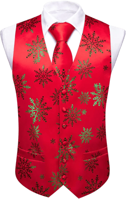 Barry.Wang Men Christmas Vest Red Green Xmas Tree Snow Elk Snowflake Holiday Suit Waistcoat Tie Set New Year Festival Shiny Green Snowflake Small