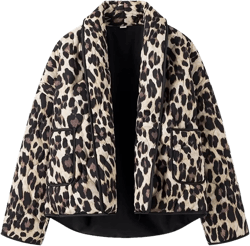 Yimoon Women's Cropped Puffer Quilted Jacket Vintage Floral Print Oversized Open Front Lightweight Short Jacket Outwear Leopard Large