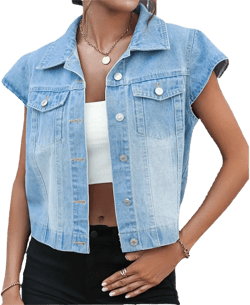 LifeShe Womens Vintage Denim Vest Button Down Short Sleeve Jean Waistcoat Jacket Small Light Blue