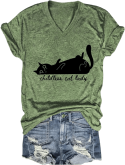 Childless Cat Lady Shirt Cat Tshirt V Neck Graphic Tee Short Sleeve Funny T Shirts Tops Outfits for Women Green X-Large