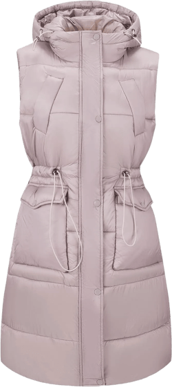 RISISSIDA Puffer Vest Women Long Puffy Quilted Hooded Sleeveless Loose Jacket Medium Tan Cream-zipper and Button Closure