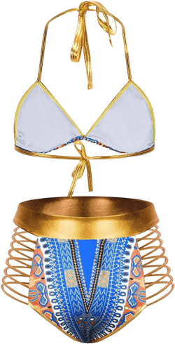 Zando Women Tribal Print Bikini African Metallic Swimsuit Two Piece Beachwear Cutout Halter Neck Bathing Suit Swimwear 14-16 Blue