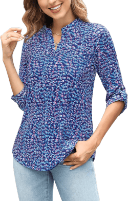 Zattcas Womens Floral Printed Tunic Shirts 3/4 Roll Sleeve Notch Neck Tunic Top
