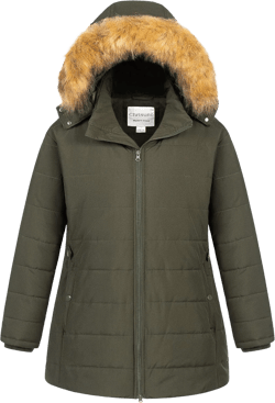 Chrisuno Women's Plus Size Winter Puffer Jacket Warm Long Winter Coats Quilted Waterproof Fleece Lined Detachable Fur Hood 2X Army Green