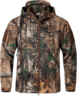 NAVEKULL Silent Hunting Clothes for Men Soft Shell Outdoor Hiking Jacket Camo Water Resistant Fleece Hooded Coat with Pockets Medium Leaf Camo