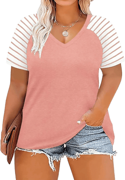 VISLILY Women's-Plus-Size-Tops V Neck Striped Raglan T Shirts Summer Short Sleeve Tee 11_orange 4X-Large