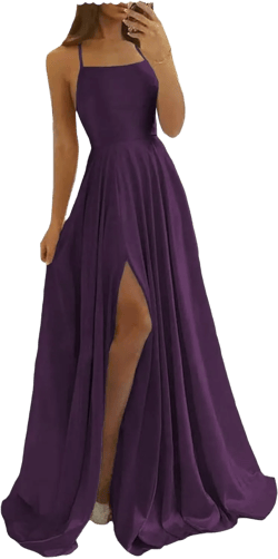 Spaghetti Straps Prom Dresses Bridesmaid Dress A Line Backless Slit Satin Long Formal Ball Gowns Dress with Pockets 26 Plus Plum