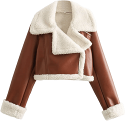 KELYWELL Short Faux Leather Jacket for Womens Thick Warm Wool Cropped Jacket Womens Winter Zipper Coats Fleece Chic Tops Brown Small
