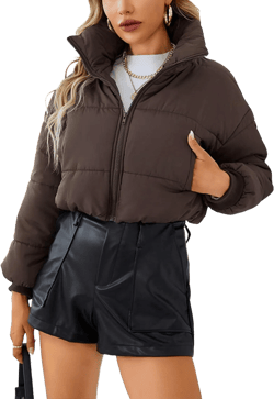 Womens Lightweight Cropped Puffer Jacket Warm Zipper Stand Collar Quilted Short Down Coats Brown Large