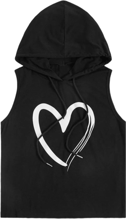 SweatyRocks Women's Heart Printed Tank Tops Sleeveless Drawstring Summer Hooded Tops for Exercise Small Black