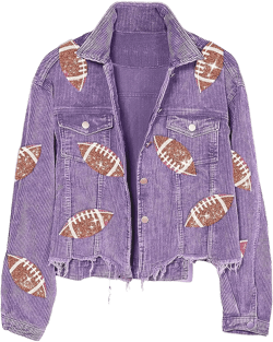 chouyatou Women Fall Sequin Rugby Distressed Corduroy Jacket Lightweight Frayed Oversized Denim Jacket X-Large Purple