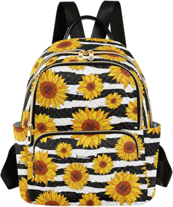 JIPONI Sunflowers on Striped Black and White Backpack Purse for Women Lightweight Back Pack Casual Daypack Travel Shoulder Bag Bookbag - M Medium Multi04
