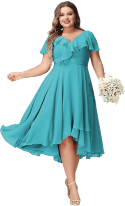 Women's Aqua Blue A-Line Tea Length Bridesmaid Dresses 2024 Flowy Chiffon Ruffles V-Neck Maxi Homecoming Dresses with Pockets US6