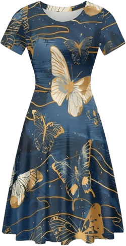 Women Summer Short Sleeve Art Print Pink Rabbit Casual T Shirt Flowy Swing Dresses S-4XL 3X-Large Navy Butterfly