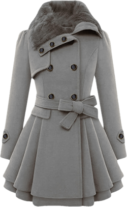 GORIFE Women Faux Fur Collar Coat Double Breasted Wool Blend Trench Coat Midi Swing Coat with Belt Medium Grey