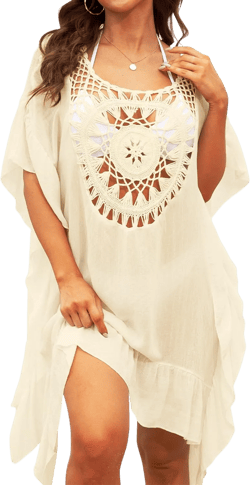 Womens Swimsuit Cover Ups For Swimwear Floral Embroidery Flounce Round Neck Bikini Covers Crochet Chiffon Swim Wear Beach Coverups Dress Beige One Size