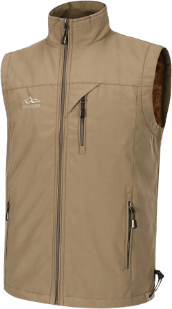 Spanye Men Outdoor Padded Puffer Vest Thick Warm Multi-Pocket Photography Fishing Jacket Small Khaki