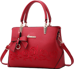 Downupdown Top Handle Bag Women Handbags Faux Leather Satchel Flower Embroidery Purse Medium Tote Bags Crossbody Shoulder Bag Red