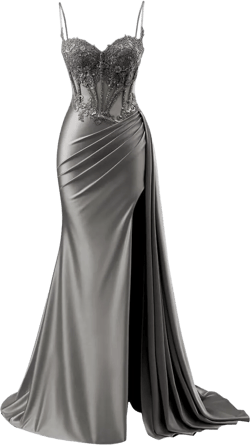 Women's Mermaid Satin Prom Dresses Long Spaghetti Straps Lace Applique Formal Evening Gowns with Slit 14 Grey