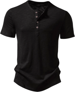 Men's Stretchy Short Sleeve Slim Fit Henley T-Shirt Casual Cotton 4 Buttons Tee Shirts Medium Black