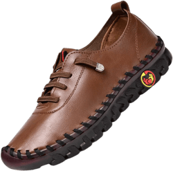 Tenacitee Women's Leather Soft Bottom Flat Shoes Handmade Beef Tendon Leisure Set of Feet Breathable Round Head Non-Slip Mom Loafers 7 Brown