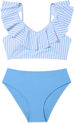 SweatyRocks Girl's Beachwear 2 Piece Stripe Print Ruffle Trim V Neck Bikini Swimsuit Bathing Suit Blue and White 12-13Y