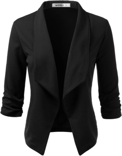 DOUBLJU Ruched 3/4 Sleeve Open Front Draped Blazers Business Casual Basic Work Jackets for Womens Clothes with Plus Size X-Large Black