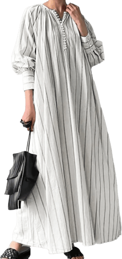 IVERIRMIN Women's Striped Cotton Linen Maxi Dress Casual Lantern Long Sleeve Button Down Swing Long Dresses for Women XX-Large White