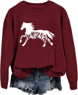 Horse Sweatshirt for Women - Wildflower Graphic Hoodie Crewneck Long Sleeve Shirt - Fall Horse Girl Sweatshirt