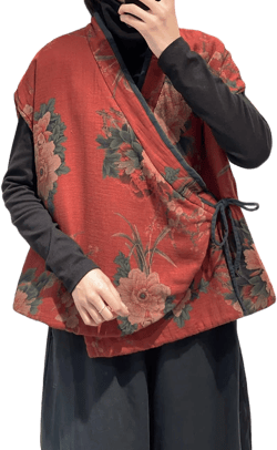 NFYM Women's Cotton Lined Vest Flower Printed Sleeveless Cardigan Spring Fall Vintage Outwear Tops One Size Red