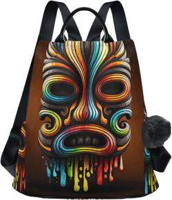 Bright Painted Tiki Backpack for Women, Fashion Anti Theft Casual Daypack Shoulder Bag Purse for Travel Work 15 inches